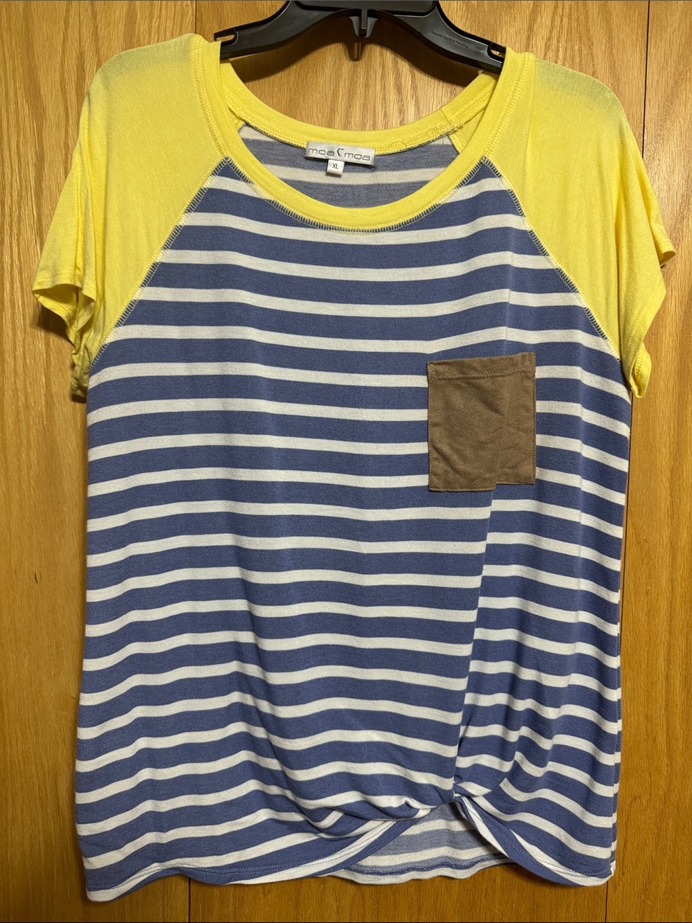 Moa Moa Yellow Raglan Sleeve Blue & White Striped Pocket Tee